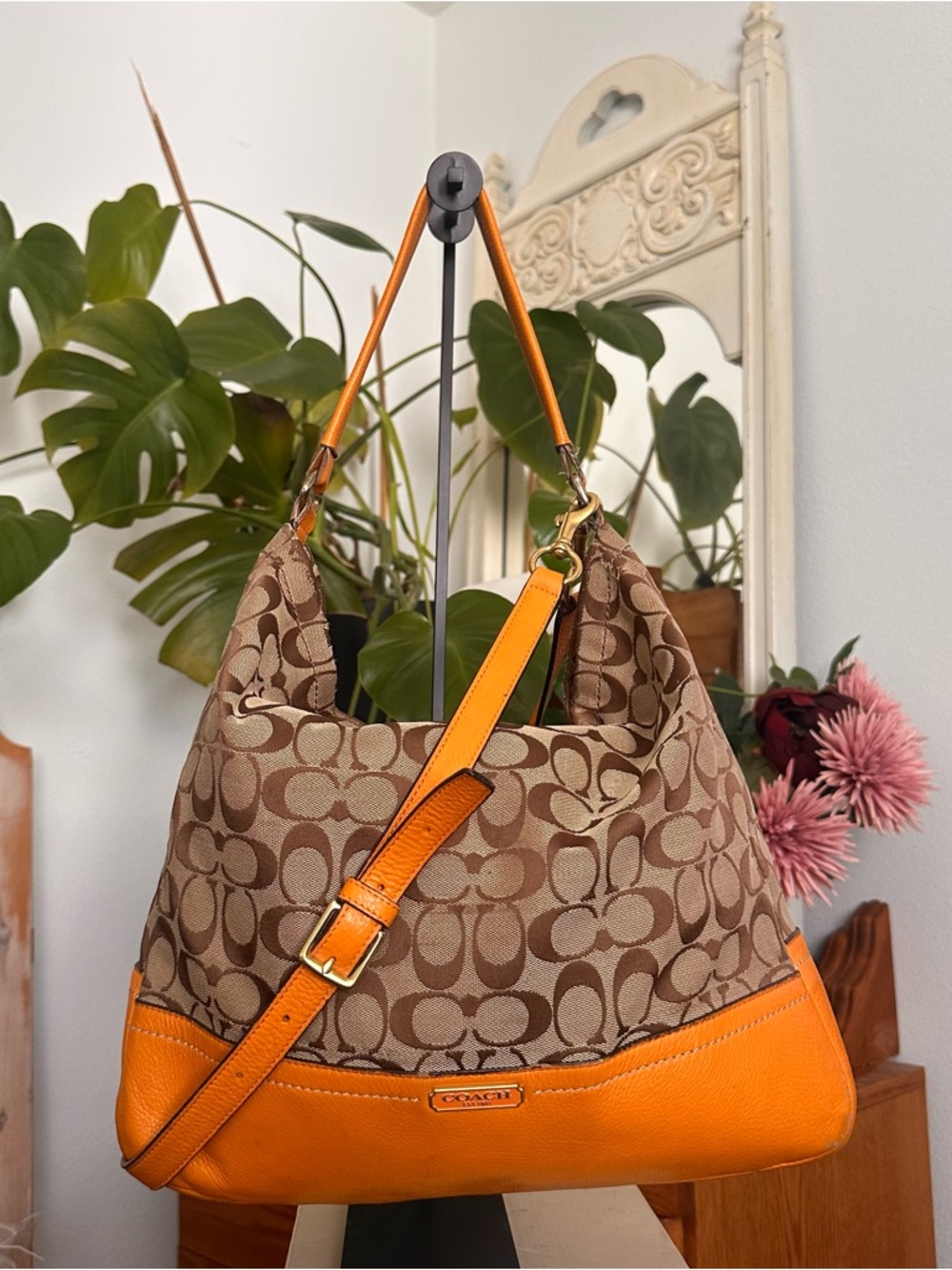 Coach Brown Signature Canvas Hobo with Orange Leather Trim
